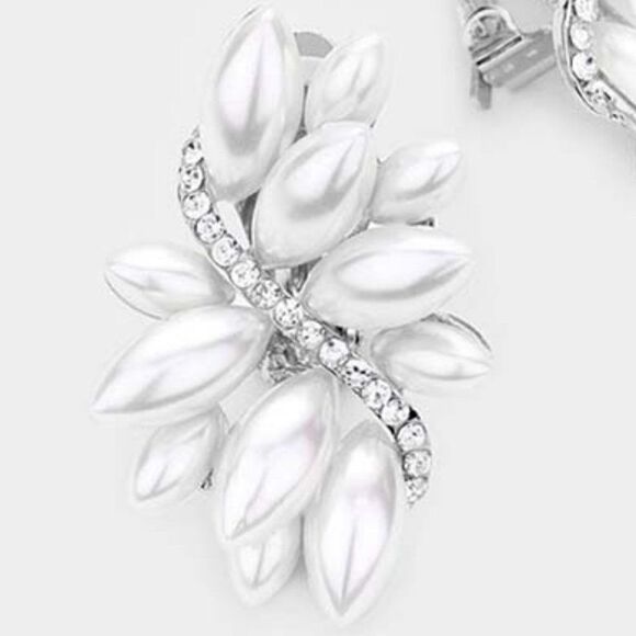 Swirl Pearl Marquise Crystal Silver Clip On Earrings NWT - Picture 2 of 5